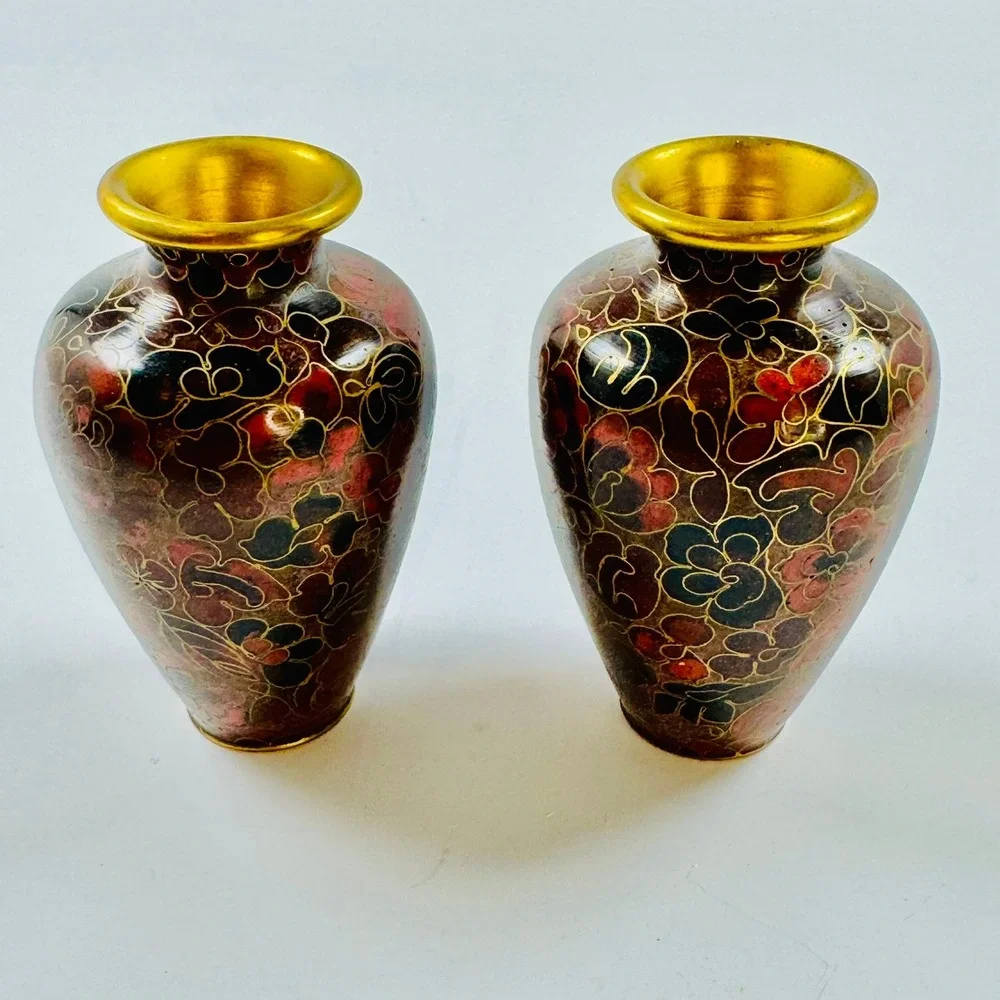 Vintage Cloisonne Miniature Bud Vases Set of 2 Floral Enamel Gold Trim 3 Inch